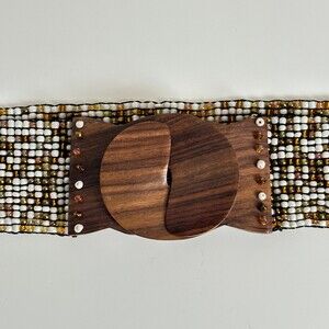 Vintage Wood Clasp Brown White Beaded Elastic Wide Belt 32" Boho